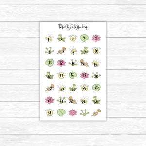 May include: A sheet of 31 stickers featuring a variety of designs, including frogs, lily pads, trumpets, and flowers. The stickers are numbered 1 through 31.