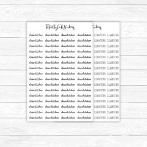 May include: A sheet of printable stickers with the text "Totally Fab Stickers" and "Tickers" at the top. The stickers feature the text "cleankitchen" repeated multiple times.