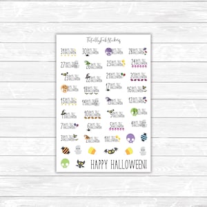 May include: A set of 31 Halloween countdown stickers featuring various spooky characters like ghosts, bats, witches, and skulls. Each sticker has a number from 1 to 31 with the text "Days till Halloween". The stickers are colorful and perfect for adding a festive touch to your planner, calendar, or journal.