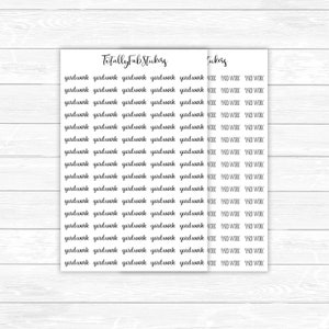 May include: A sheet of stickers with the text "Totally Fab Stickers" and "Stickers" at the top. The sheet contains multiple rows of the word "yardwork" repeated in a cursive font.