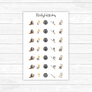 May include: A sheet of 31 Harry Potter themed stickers. The stickers feature a sorting hat, lightning bolt, cauldron, wand, and owl. The stickers are numbered 1 through 31.