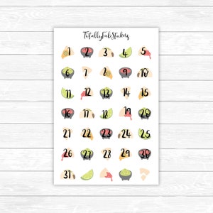 May include: A sheet of 31 stickers featuring various images of Mexican food, including tacos, limes, and bowls of salsa. The stickers are numbered 1 through 31. The text "Totally Fab Stickers" is at the top of the sheet.