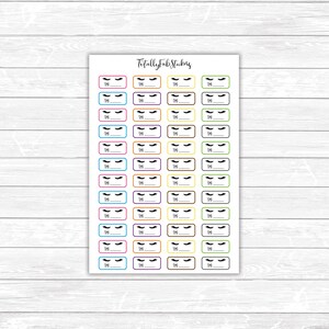 May include: A sheet of colorful stickers with the text "Totally Fab Stickers" at the top. Each sticker features a pair of eyelashes and a blank space for writing "TIME".