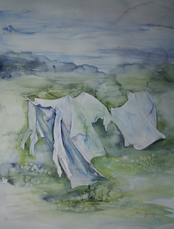 Wash in the Breeze, Original Watercolor, Fine Art Painting White Laundry  Drying Peaceful Painting 