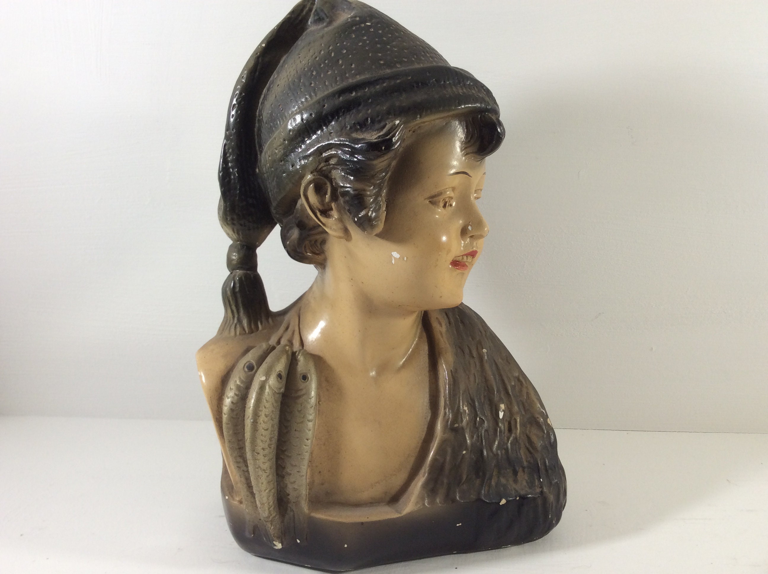 Français Chalkware Young Fisherboy, Bust, Plaster Figure, Vintage Chalkware