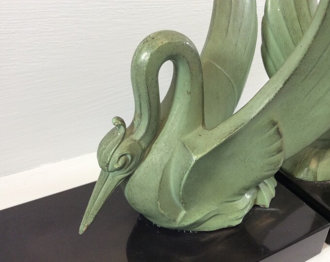 Large Heavy Art Deco Swan Bookends, Bronzed Green Patina Swan Bookends on Black Marble Base Etsy