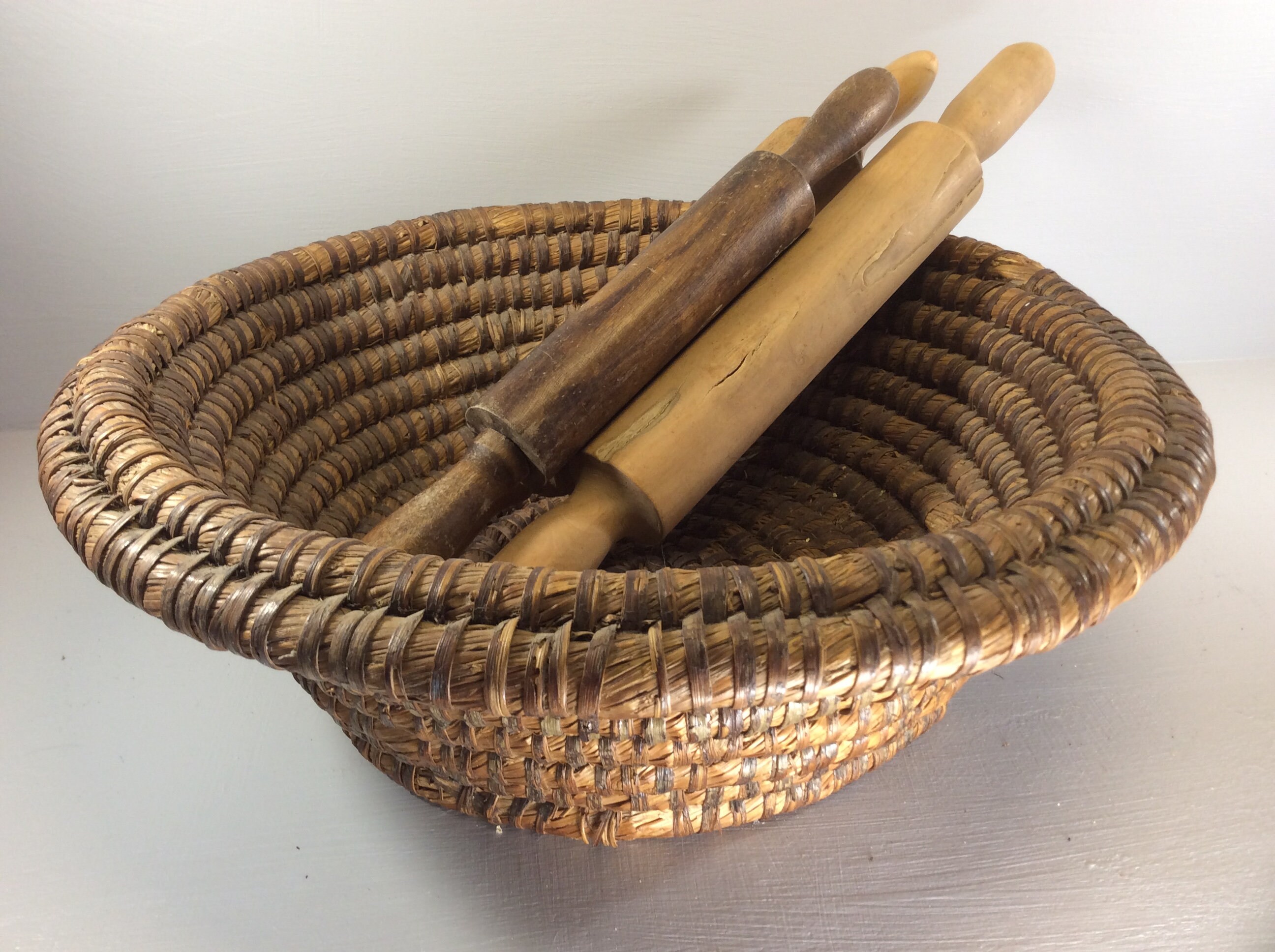 Antique Handmade Rye Or Straw Farm Basket, Natural Français Country Storage