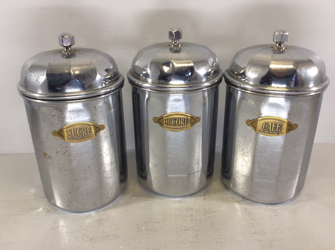 Set of 3 Vintage Chrome on Brass Kitchen Canisters Etsy