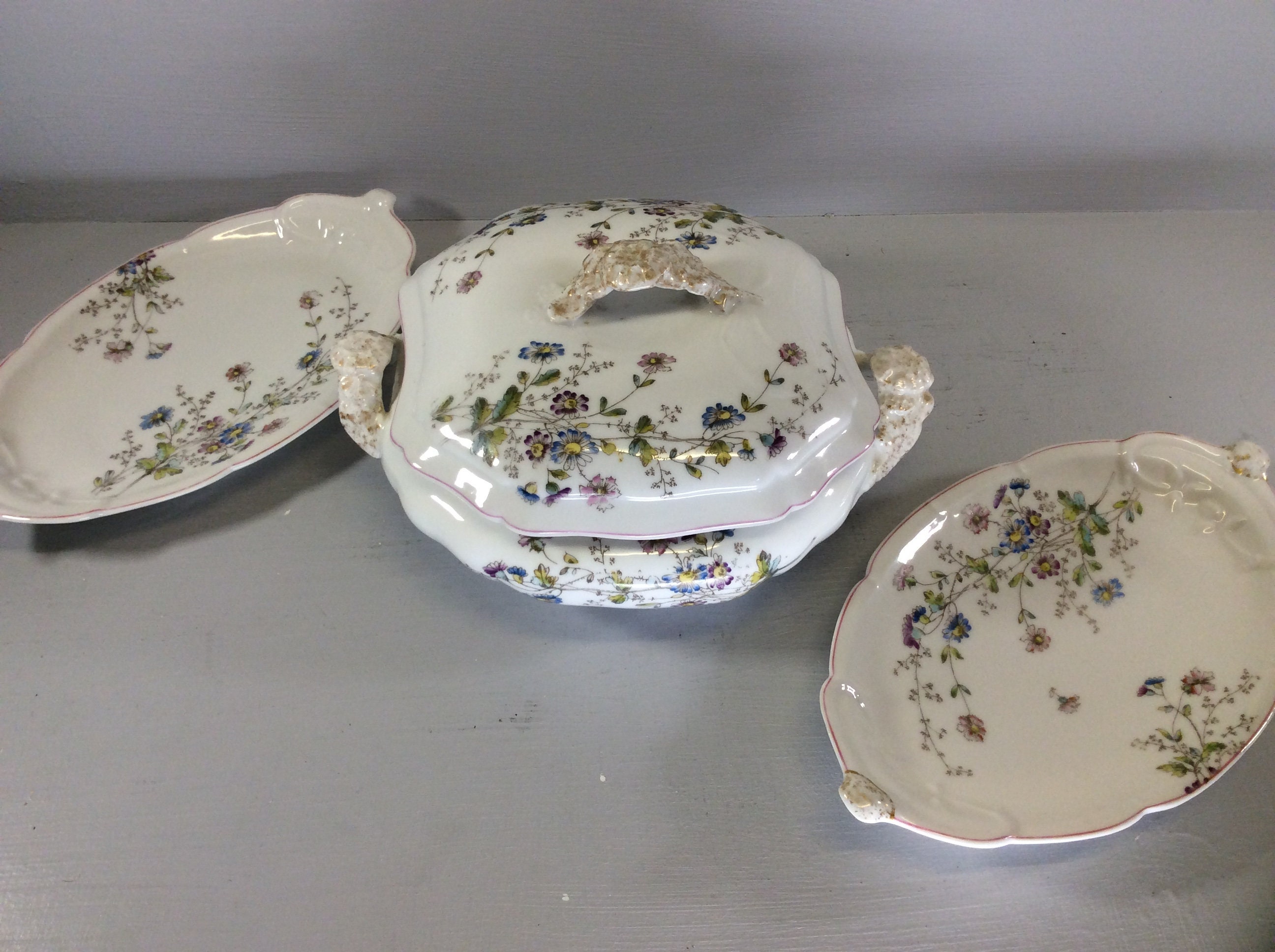 Antique G Demartine Small Tureen & Raviers, Rare Français Limoges Porcelain Tableware