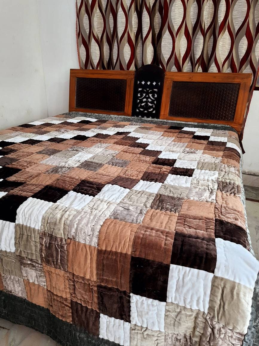 Queen size patch work hand quilted quilt velvet and cotrise Etsy