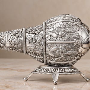 925 sterlingsilver Shankh, silver snäckskaldekor, hinduisk Pooja Shankh, utsmyckad indisk andlig dekor, handgjord silver Shankh, 5 cm