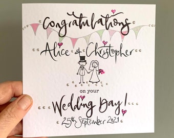 Personalised hand finished wedding card, bride and groom card.