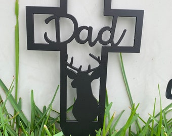 Memorial Cross stake; metal Grave marker; hunter; in memory; sympathy gift; cemetery stake; deer cross; garden stake metal; remembrance