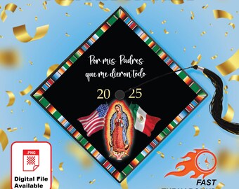 Grad Cap Topper Bi National flags with Virgin Mary theme