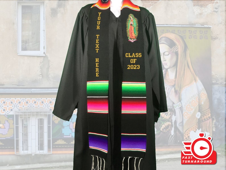 Graduation Mexican sash stole class of (2022) 2023 Black gold letters Virgen de Guapalupe Mexican american sash graduation gift PERSONALIZED 