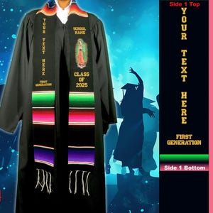 Banda de graduación mexicana de 2025, primera generación. Letras doradas negras. Banda Virgen de Guapalupe. Regalo de graduación PERSONALIZADO.
