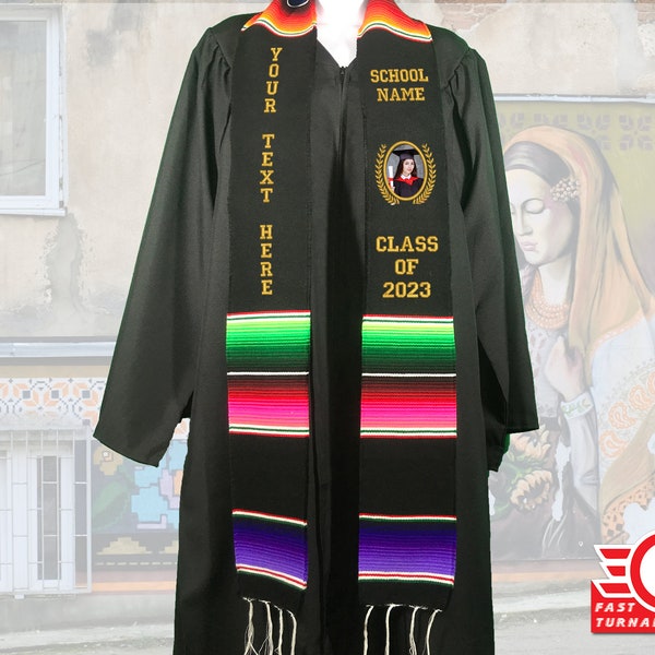 Clase de estola mexicana de graduación de 2023 Letras de oro negro Personalizadas con foto de graduación