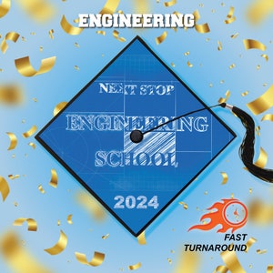 May include: A blue graduation cap with the text "Next Stop Engineering School 2024" on it. The cap is surrounded by gold confetti and a black tassel. A red flame with a clock inside is below the cap with the text "Fast Turnaround".