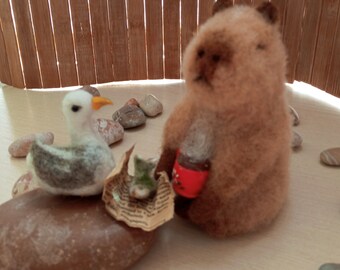 Breakfast of friends, capybara and seagulls