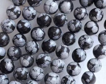 AAA Genuine Natural Snowflake Obsidian Gemstone Smooth Round Alashan Beads Strand 15"