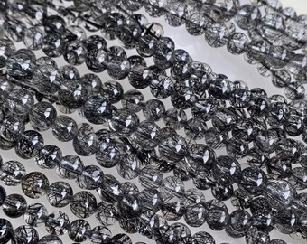 AAAAA Genuine Natural Black Tourmaline Rutilated Quartz Gemstone Smooth Round Beads 6mm