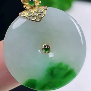 Jadeite Jade Donut Pendant Necklace,18k Inlay Carved Natural Jadeite Pendant for Women Wealth Protection | Lucky Charm Gift for Her