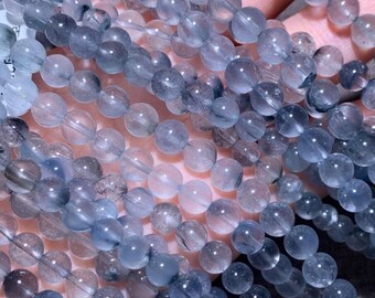 AAA Genuine Natural Blue Tourmaline Rutilated Quartz Gemstone Smooth Round Beads 6mm