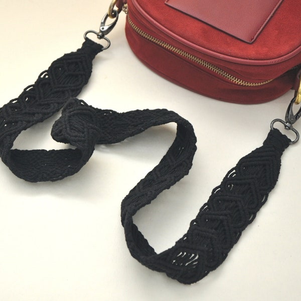 Macrame black purse strap Woven natural cotton rope bag strap Replacement boho shoulder strap Gifts with hearts