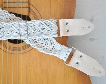 Guitar strap Macrame off white cotton strap for acoustic guitar Woven electric and bass guitar strap Musician gift
