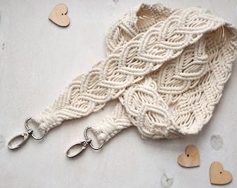 Personalized macrame strap Woven off white cotton camera strap Replacement boho bag strap Gift with hearts for photographer and traveler