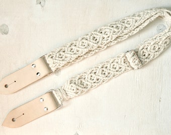 Macrame off white cotton ukulele strap Woven mandoline strap Ajustable boho uke strap  Musician Gift