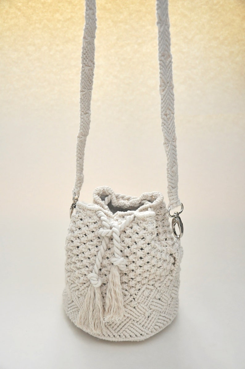 Macrame off white cotton rope bag Drawstring bucket purse Etsy