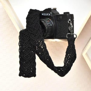 Macrame black camera strap Woven natural cotton cord shoulder strap Travel and photography gifts with hearts