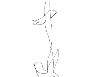 Hanging mobile, Two Birds silhouette, Iron wire mural, One line art pendant, minimalist design
