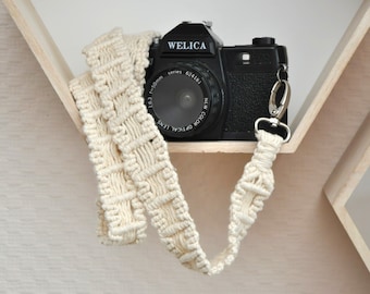 Macrame off white camera strap Woven natural cotton cord shoulder strap Gift for photographer and traveler