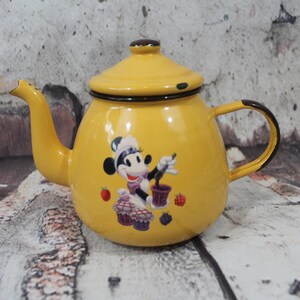 Vintage Yellow Enamel Mickey Mouse Teapot - Disneyland Paris Souvenir