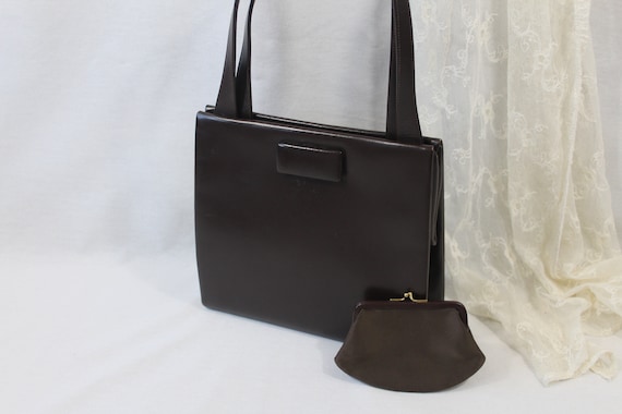 vintage 50-60s bag,smooth bronze leather,handbag … - image 1