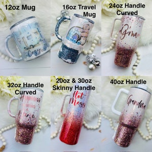 May include: Six different sizes of stainless steel tumblers with various glitter and color combinations. The tumblers feature different designs and text, including "Cozy", "Hot Mess", "Grandma", and "Happiness is being a Mimi".