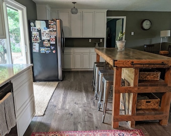 Wood kitchen island with seating area