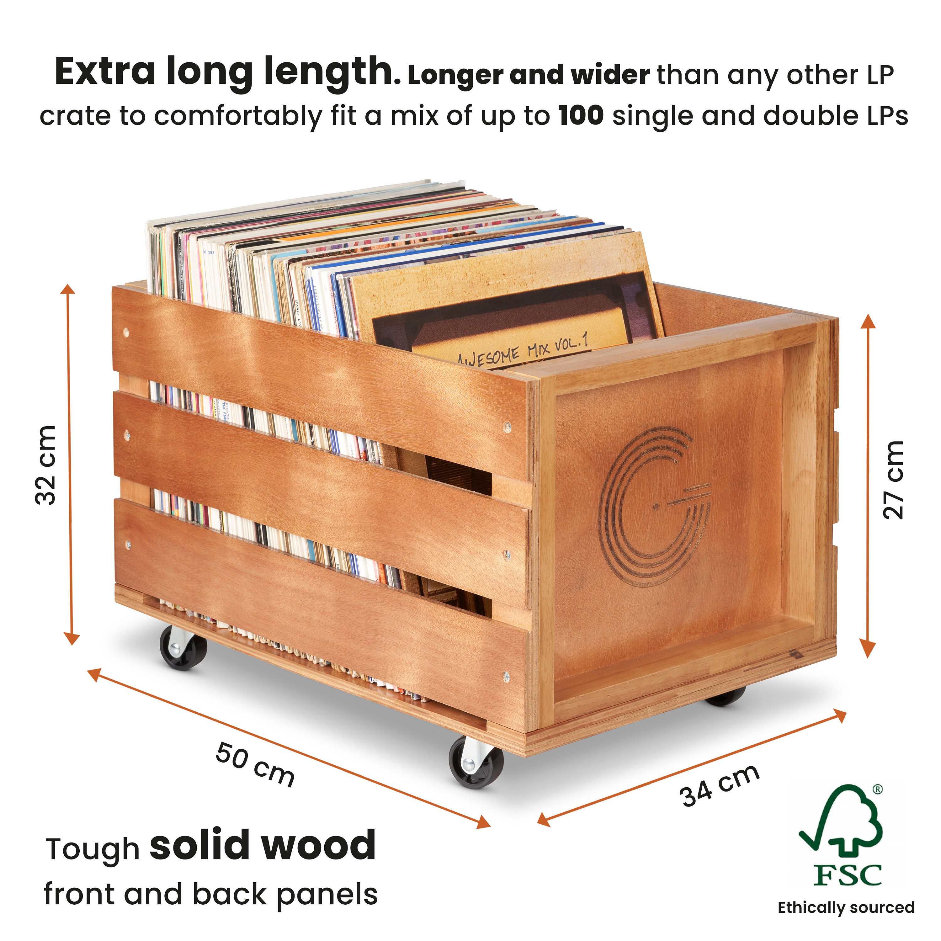  Retro Musique Wooden Vinyl LP Record Storage Crate on Wheels  for Easy Mobility