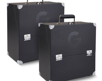 TWO Record Storage Cases. Each hold up to 35 LPs. Flight Case Style Storage Boxes with Front Opening Panels to View & Browse LPs with Ease