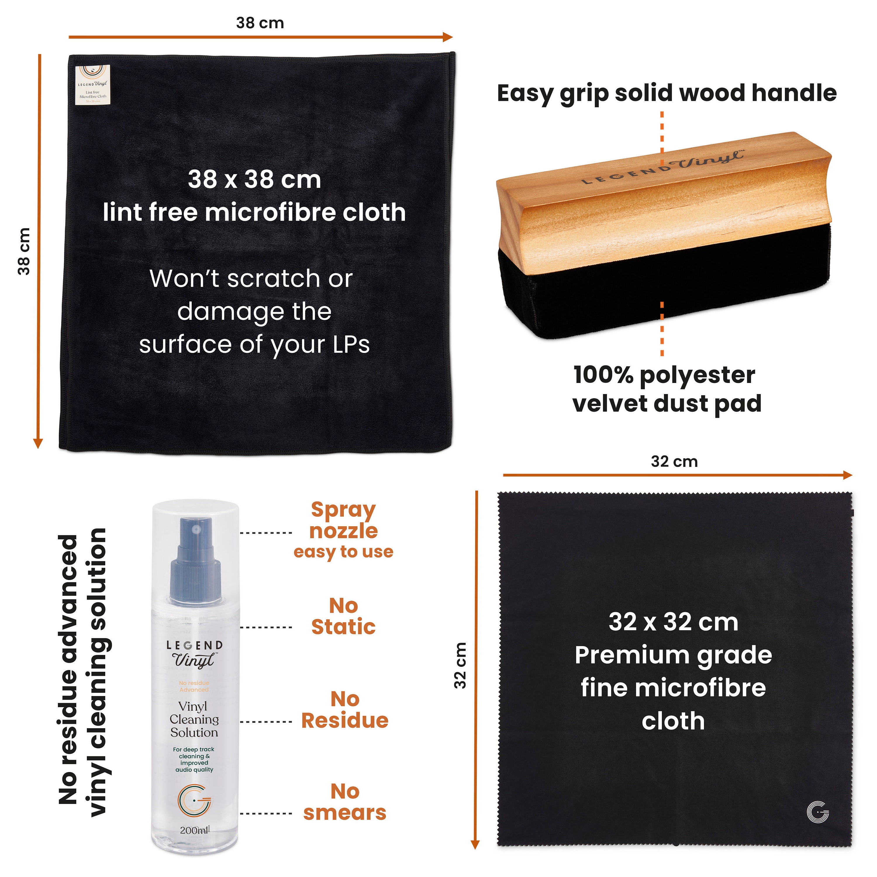 Complete Care Vinyl Record Cleaner Kit 2 Microfibre Cloths 200 Ml Fluid  Wooden Handle Velvet Brush Stylus Brush and Solution 