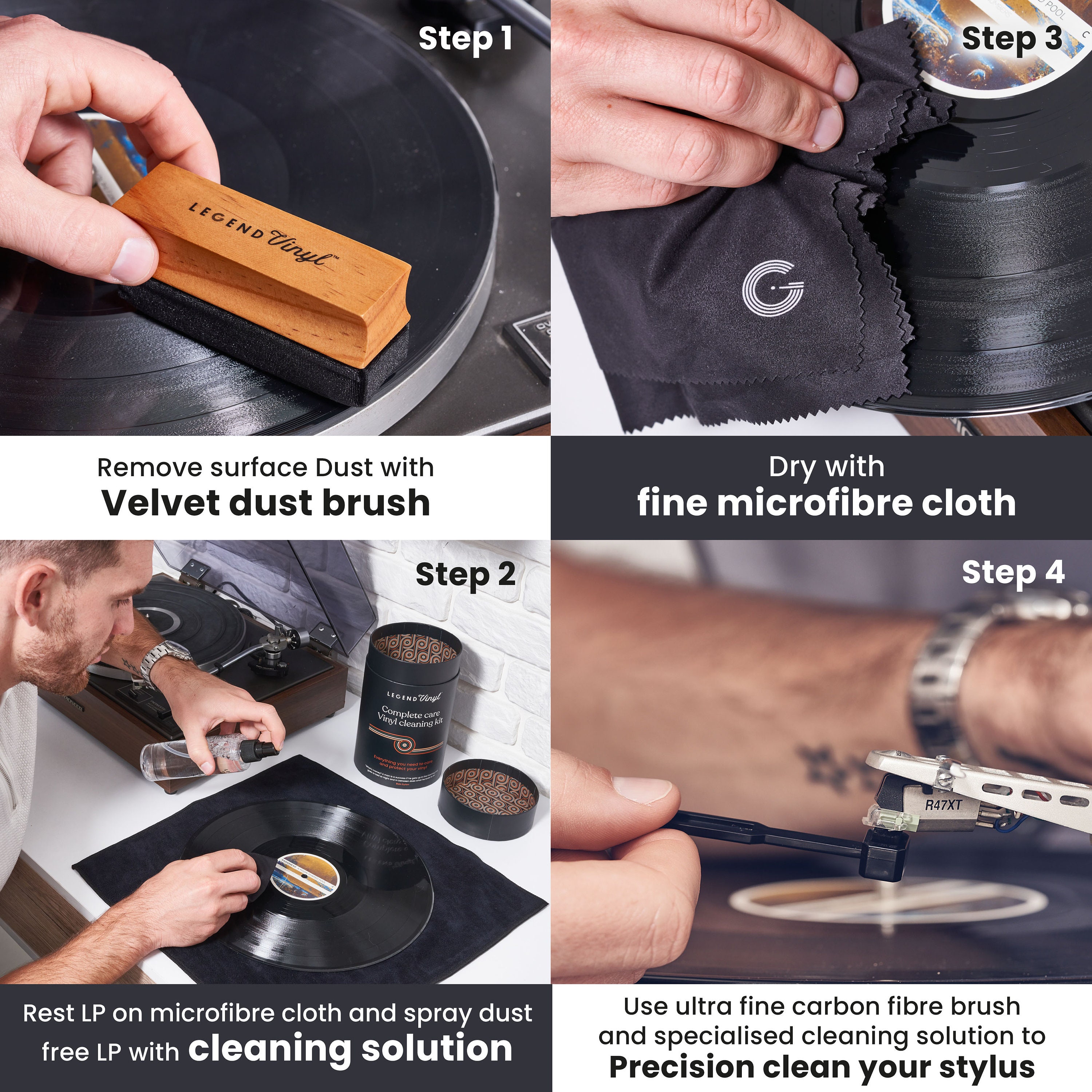 Complete Care Vinyl Record Cleaner Kit 2 Microfibre Cloths 200 Ml Fluid  Wooden Handle Velvet Brush Stylus Brush and Solution 