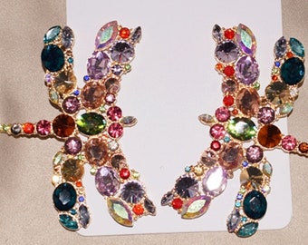 Large ''Stay Fly'' multi-colored crystal earrings, dragon fly, insect blinging drop earrings