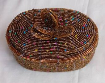Maasai Jewelry Box Golden Beaded Jewelry Pot 5x5 Inches Handmade in Kenya 