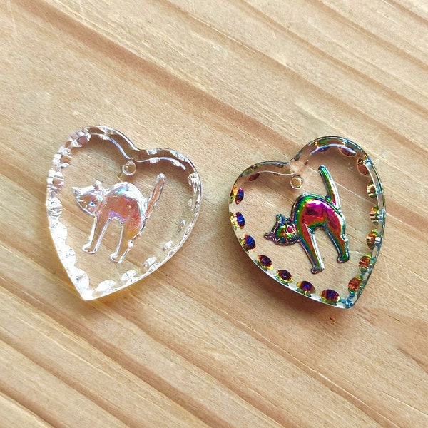 2 handmade glass stones 20x18 heart pendant cat green pink transparent rhinestones original made in Germany approx. 1970