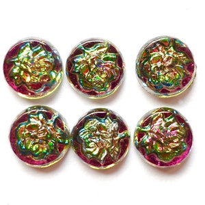 12 cabochons round 7mm handmade glass stones rose flower iridis pink colorful rhinestone intaglio original made in western Germany 1970