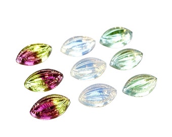 8 handmade cabochon glass stones 12x7 mm Navette pointed oval cabochon blue green purple bronze foiled 1970s