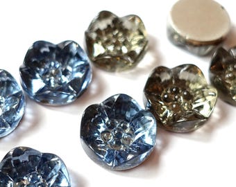 2 flower cabochons 14mm round handmade glass stones blue gray carved blossom flower foiled made in western Germany 1960
