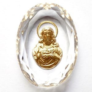 1 piedra preciosa de Jesús, ovalada, dorada, piedra de vidrio hecha a mano, 25 x 18 mm, transparente, Dios Cristo, santo, original, Hecho en Alemania 1970